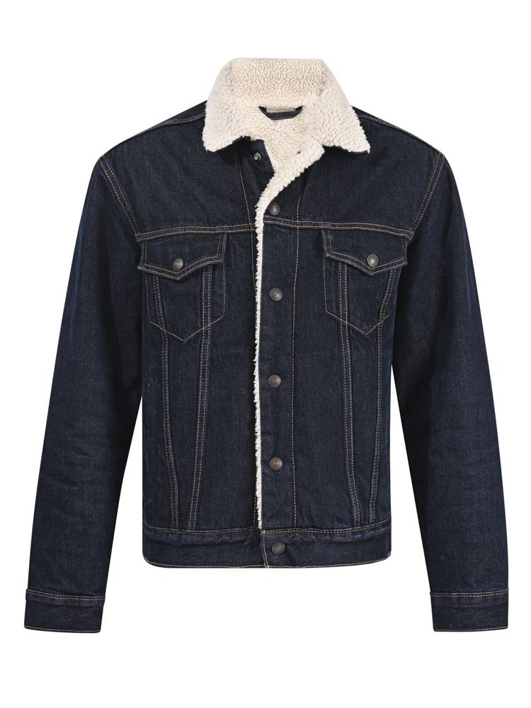 Dark blue denim jacket with a shearling collar, showcasing a rugged, stylish look.