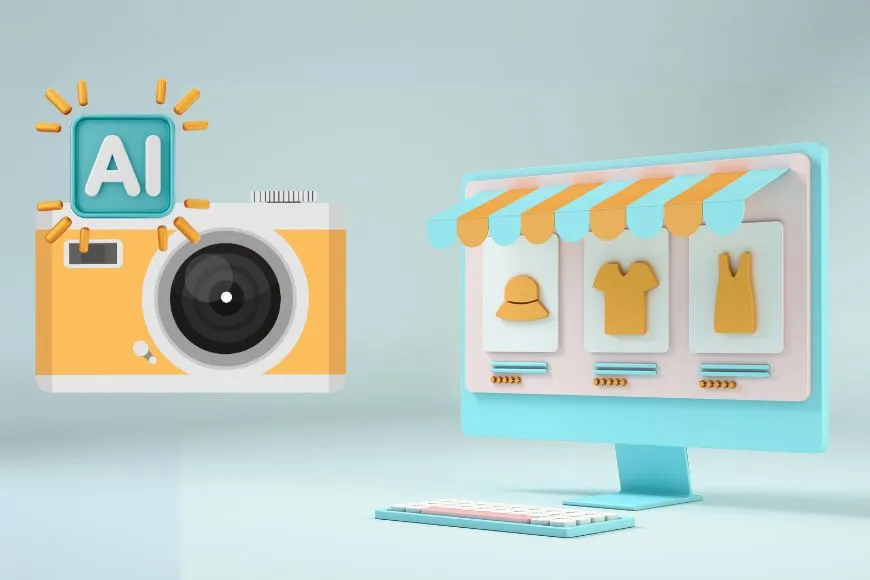  A 3D illustration showing an AI camera and an eCommerce store with clothing items on a computer screen.