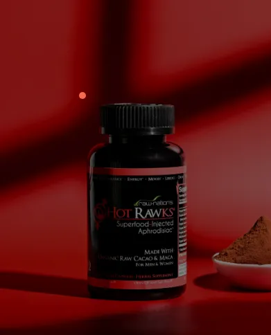 A bottle of Hot Rawks supplement with powder on a red background.