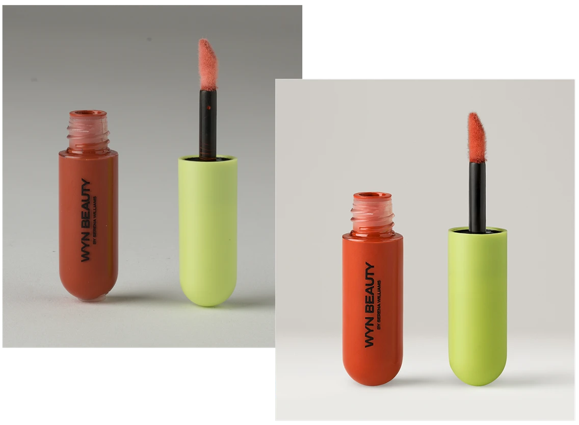 A comparison of two product shots of a lipstick, showing different angles and lighting setups.