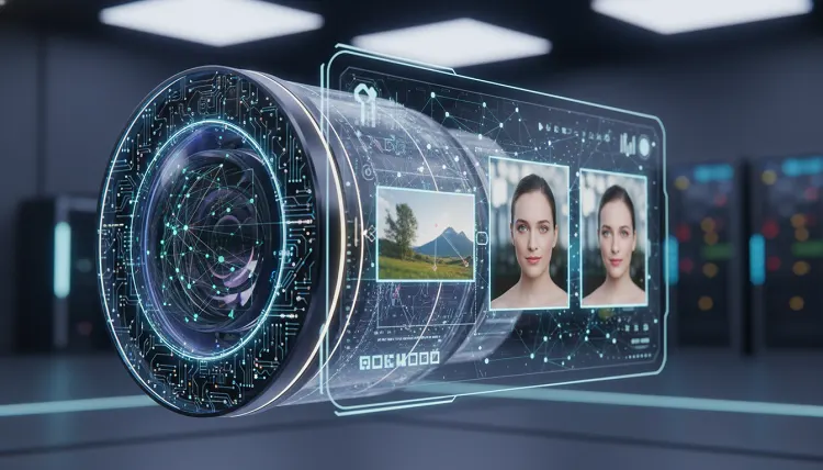  A digital camera lens with AI-generated overlays displaying image recognition and enhancements.