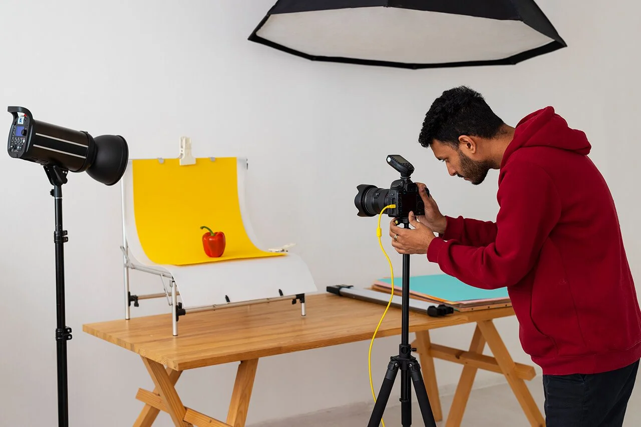 A photographer setting up a shot with a camera and softbox light, focusing on a red bell pepper on a yellow backdrop.