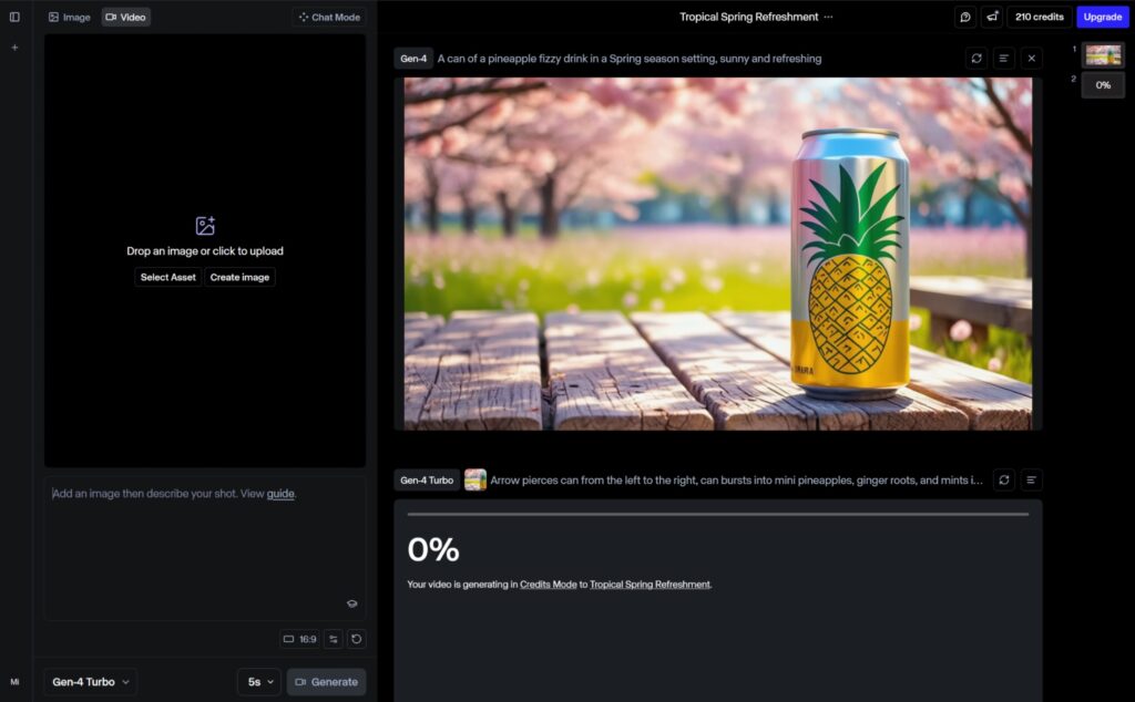 An AI tool generating an image of a pineapple-flavored drink can in a spring setting with flowers and sunlight.