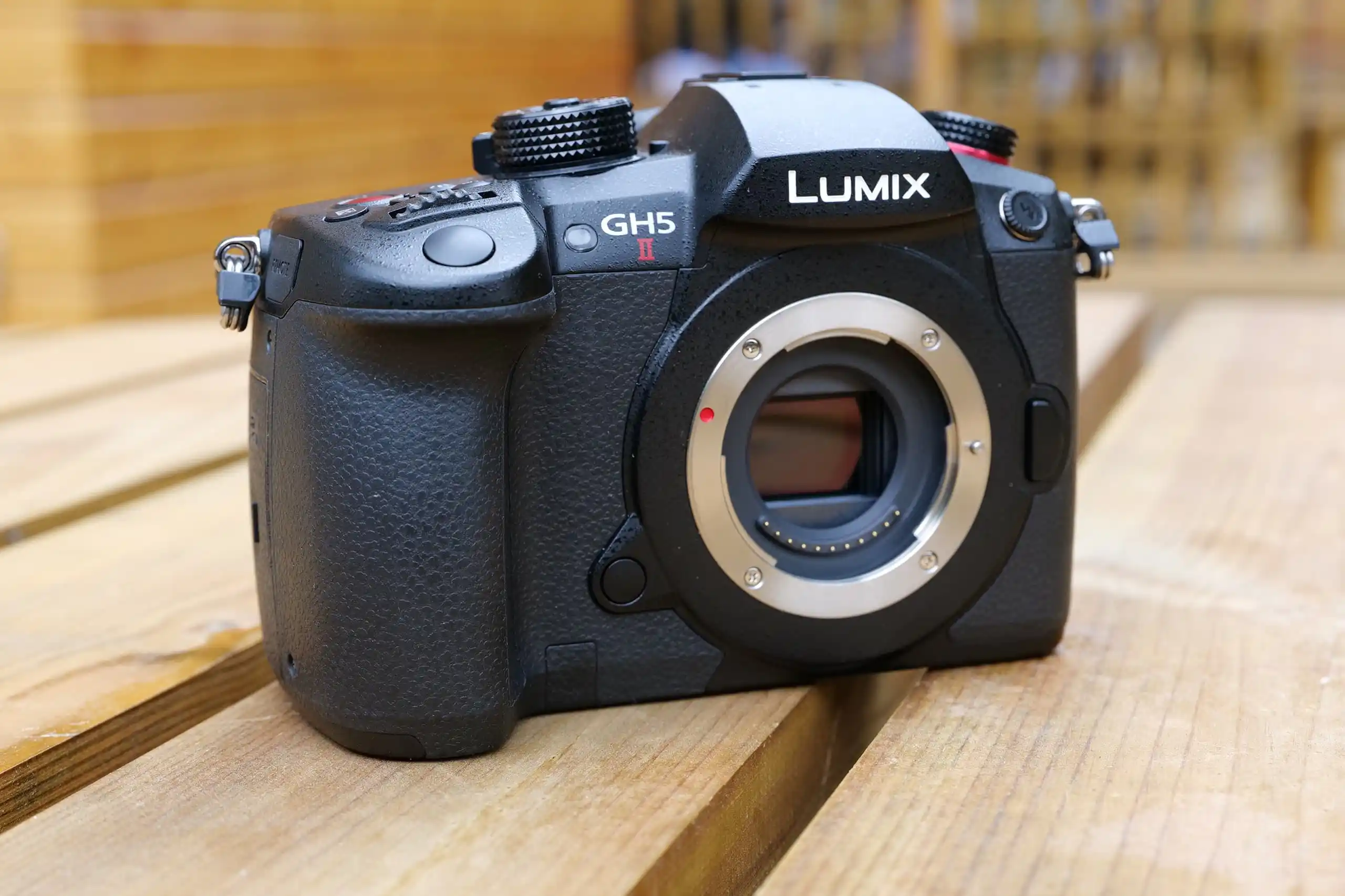 Panasonic Lumix GH5 placed on a wooden surface