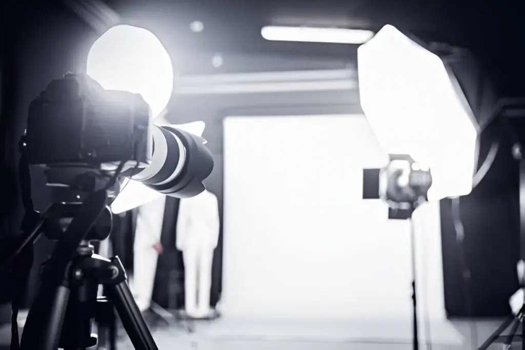 A camera set up in a photography studio with softbox lighting on either side, illuminating a backdrop for different types of lighting in photography