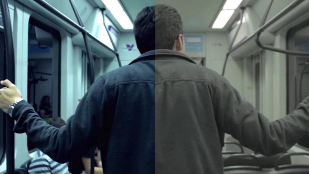 A comparison of color grading one side with vibrant colors and the other in muted tones.
