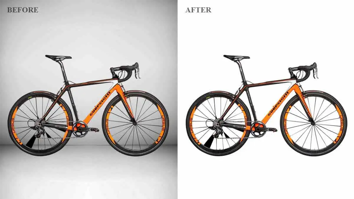 Before and after comparison of a bike with background removal and editing.