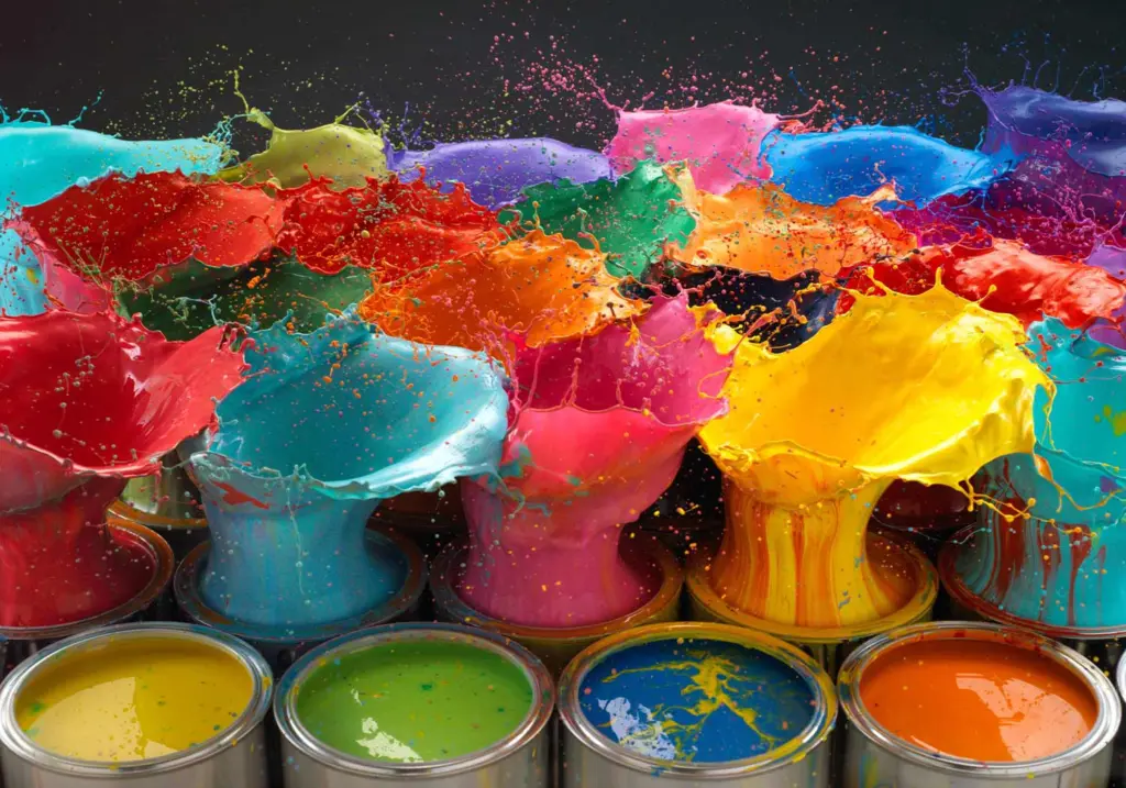 Colorful paint splashes erupting from cans in various vibrant hues.