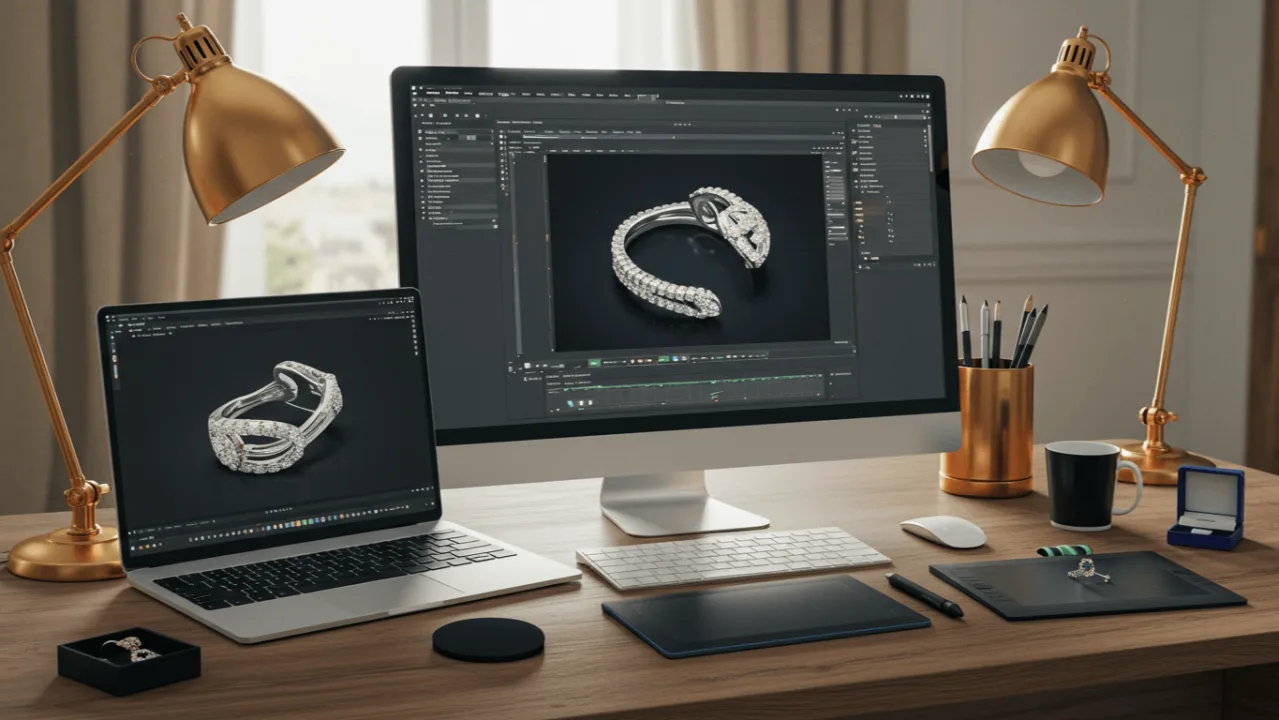 Jewelry being edited on a computer with a laptop and tablet on a wooden desk, featuring a silver ring.