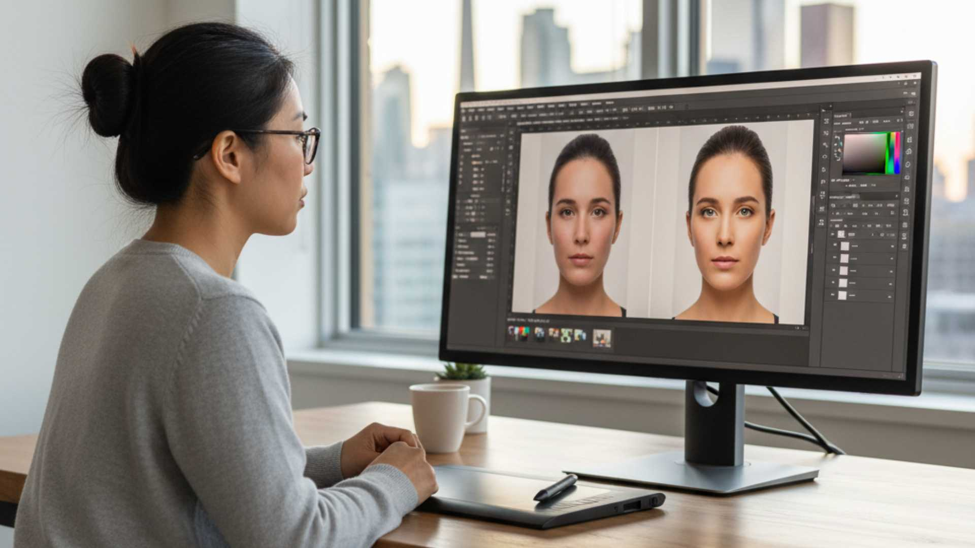 a female editor working on photo touchups on a computer giving product photo editing services
