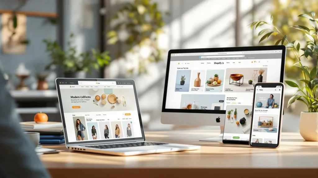 A laptop, desktop, and smartphone displaying a Shopify online store with various products.