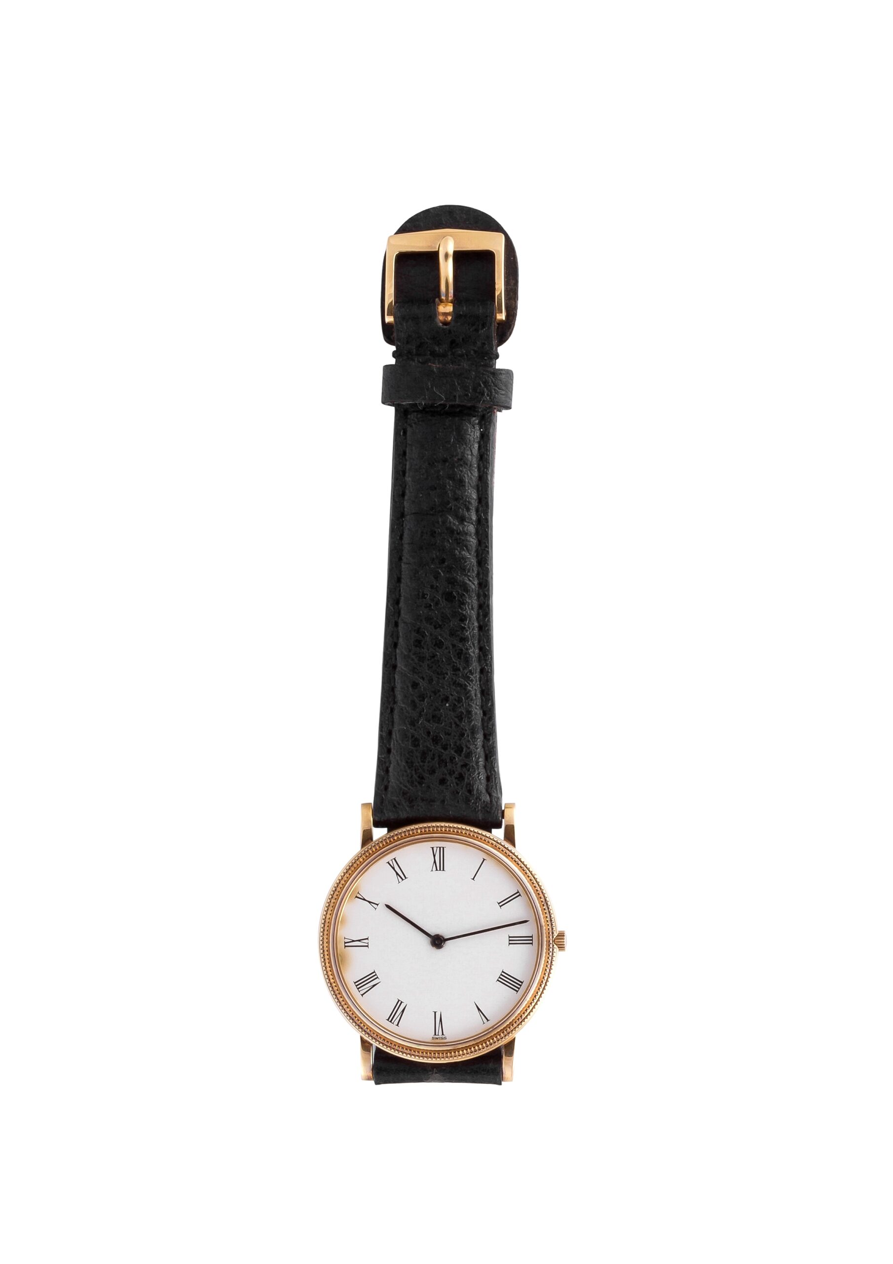 Watch product photography of a classic round dress watch with white dial, Roman numerals and black leather strap