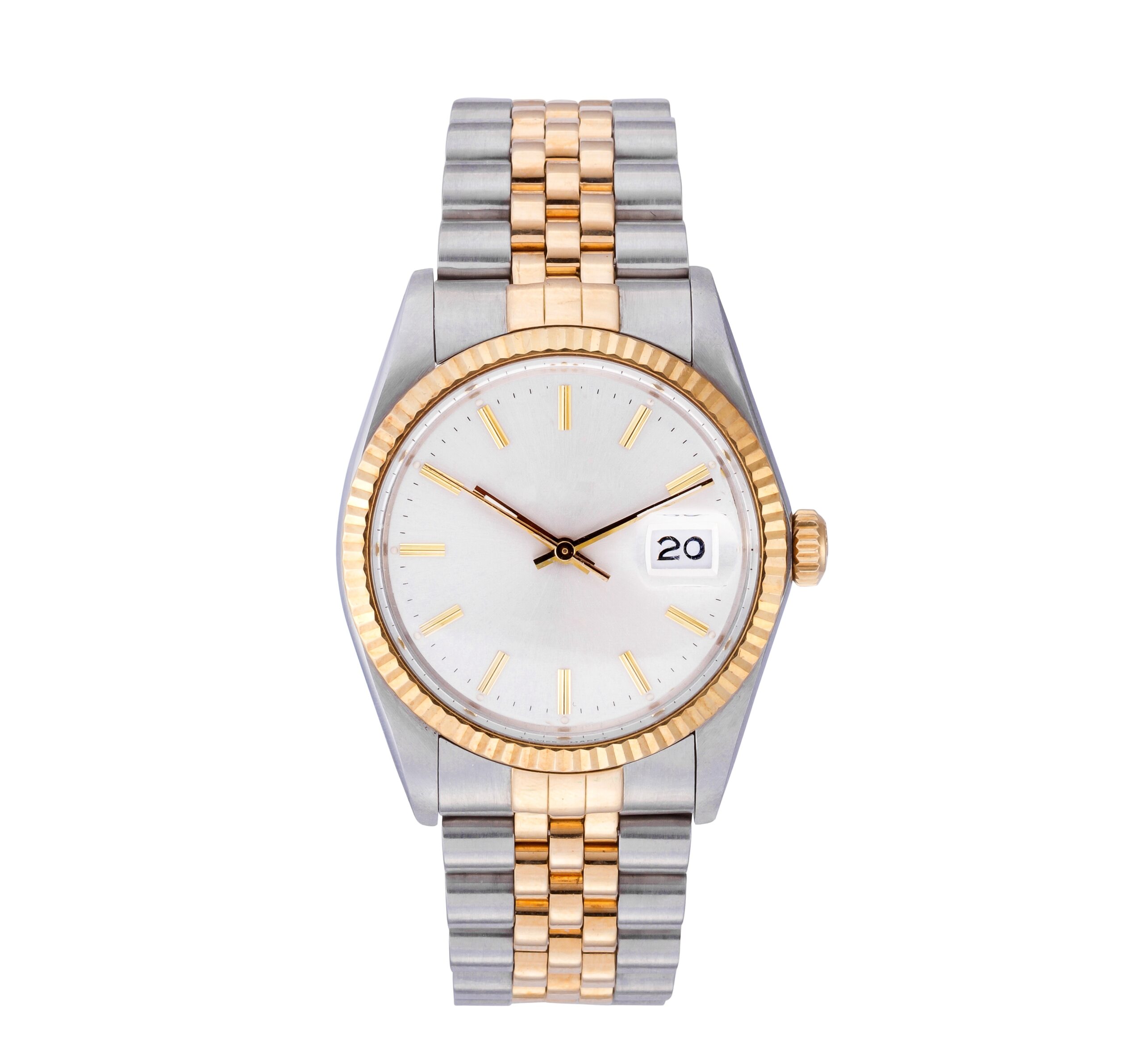 Watch product photography of a two-tone silver and gold dress watch with fluted bezel and date display