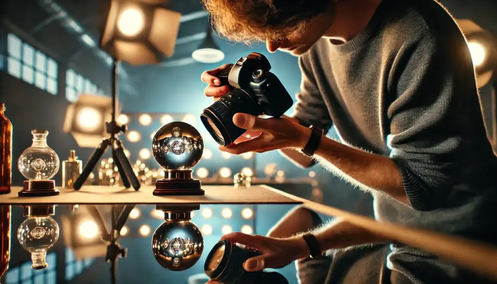 Photographer taking close-up of reflective objects.