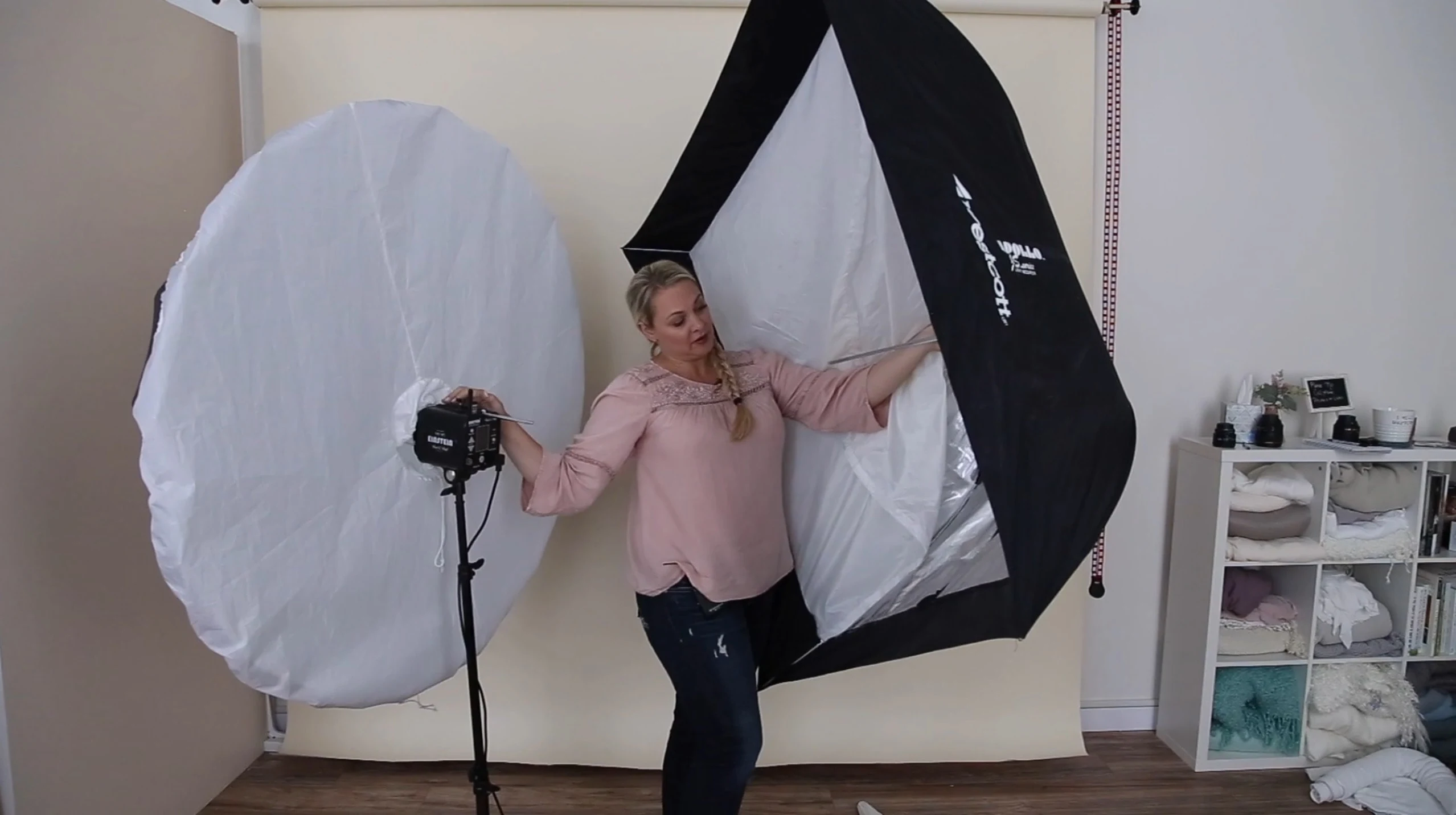 Studio light modifier setup with softbox and reflector