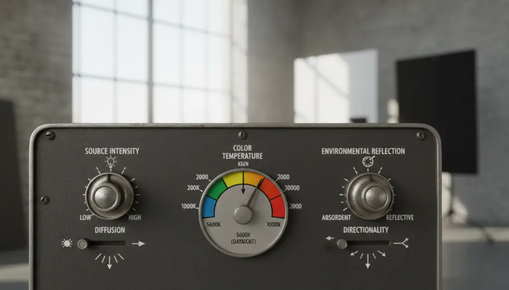 Control panel showing ambient light settings for intensity, color temperature, reflection, diffusion, and directionality.