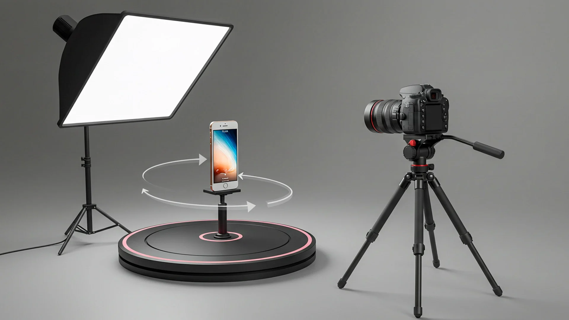 360 product photography setup with camera, turntable, and studio light.