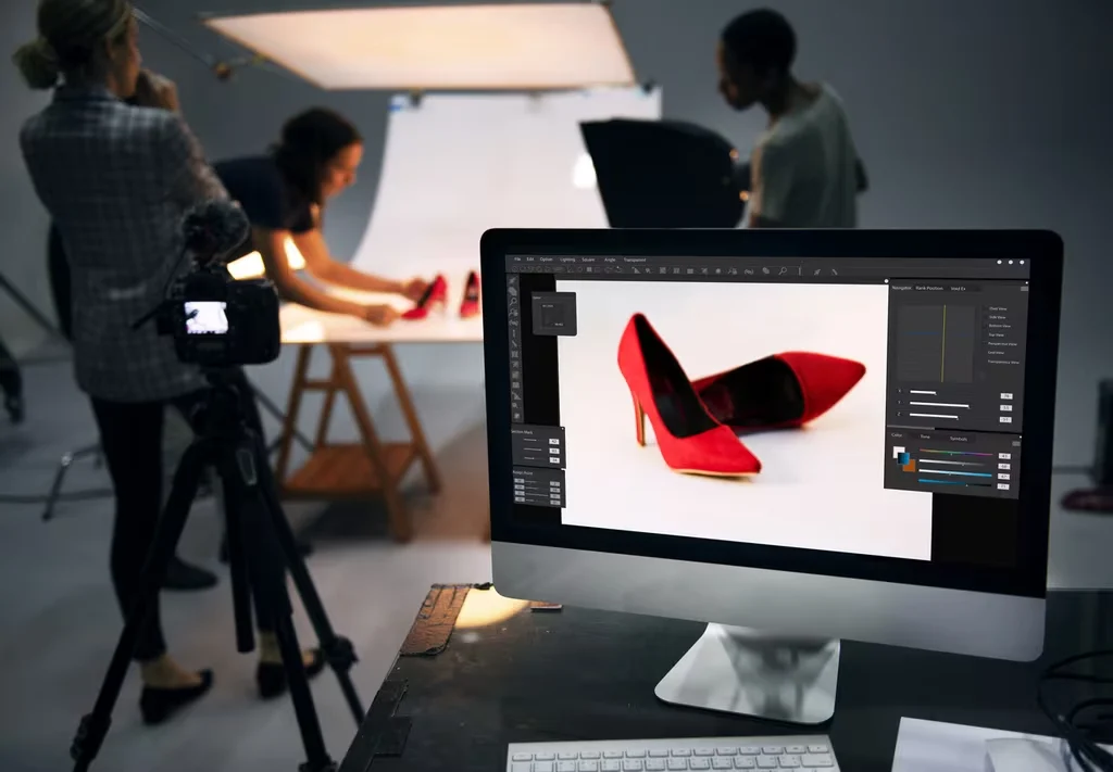 3D product photography workflow with red heels in a studio.