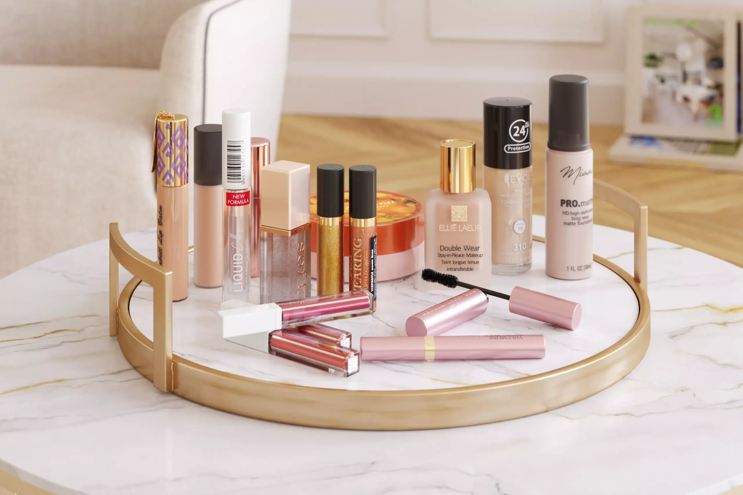 Assorted makeup products displayed on a marble tray.
