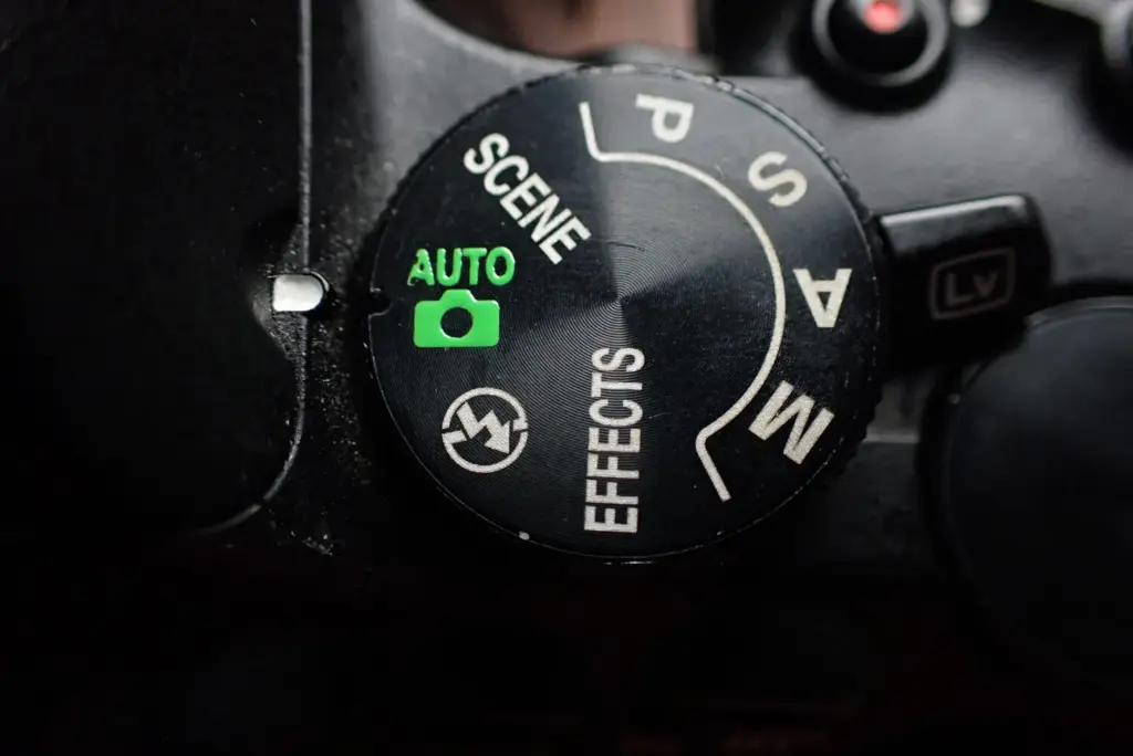 Close-up of a camera mode dial showing auto, manual, and scene settings for product photography.