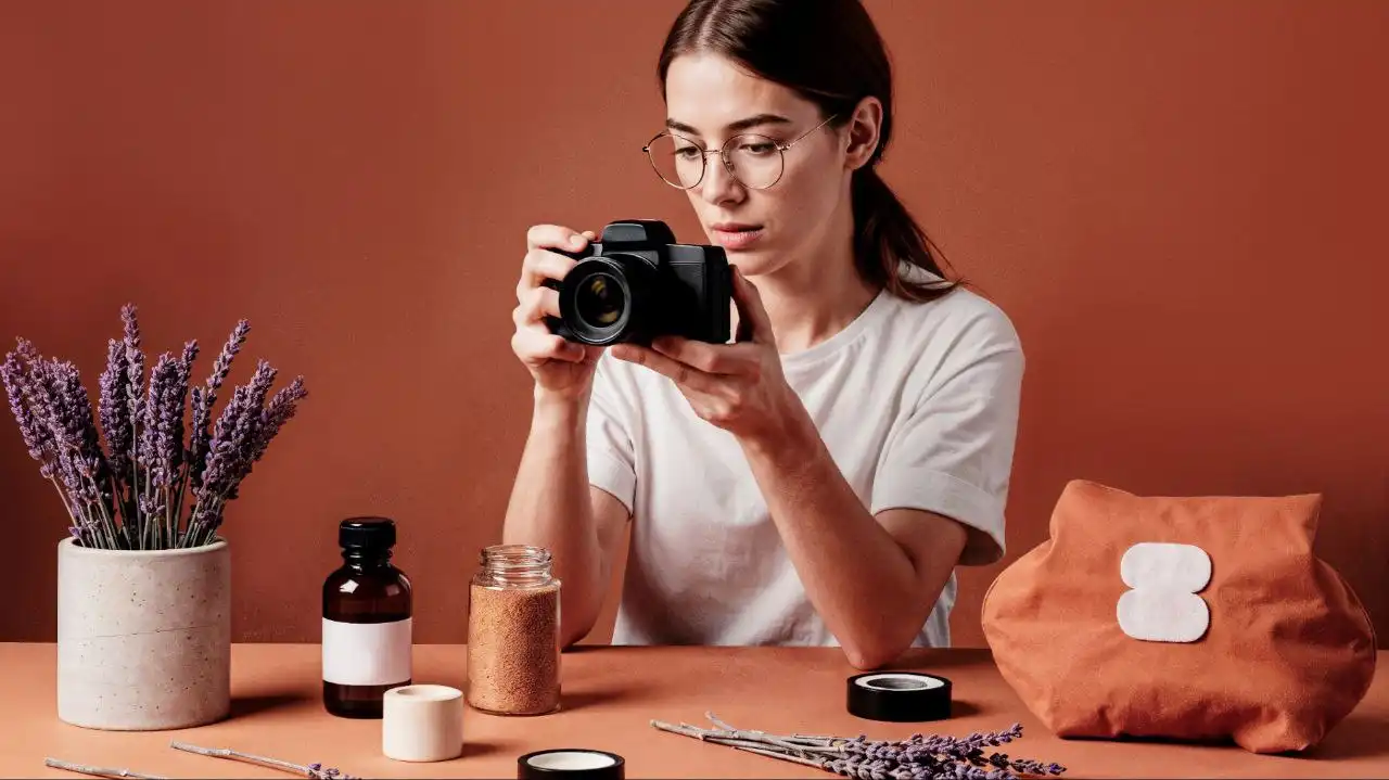 Photographer capturing beauty products in a studio setup.