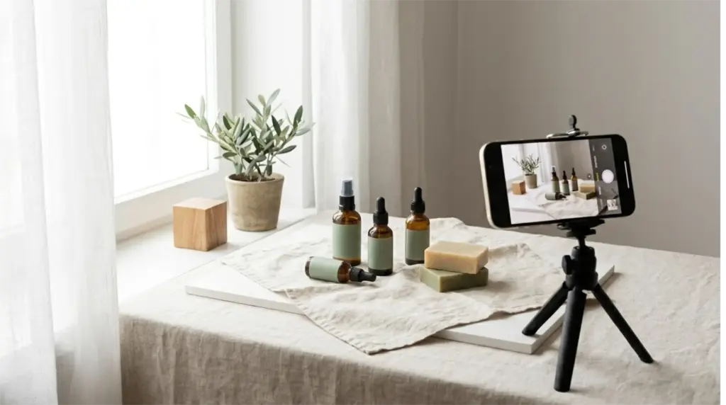 Smartphone product photography setup using natural window light for skincare products.