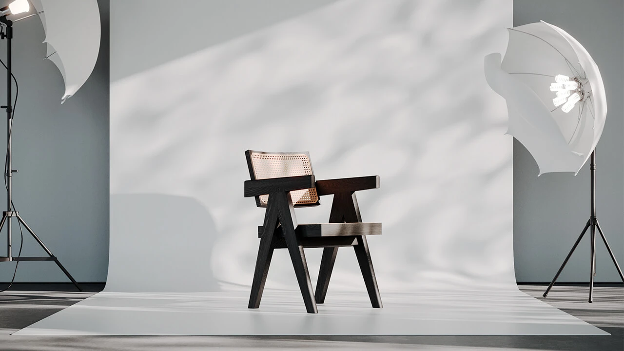 Wooden chair setup for 3D product photography in a studio with umbrella photography