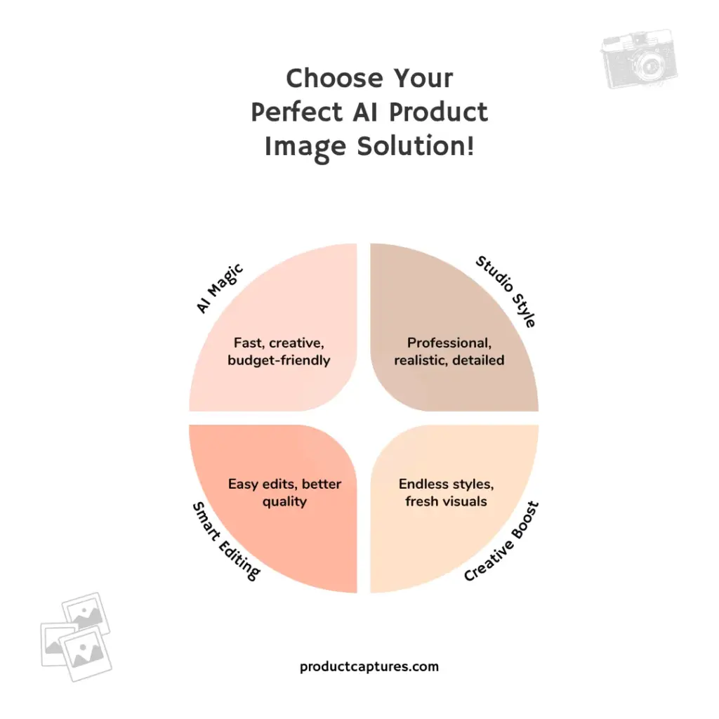 best AI tool for product images solutions infographic with four creative options.