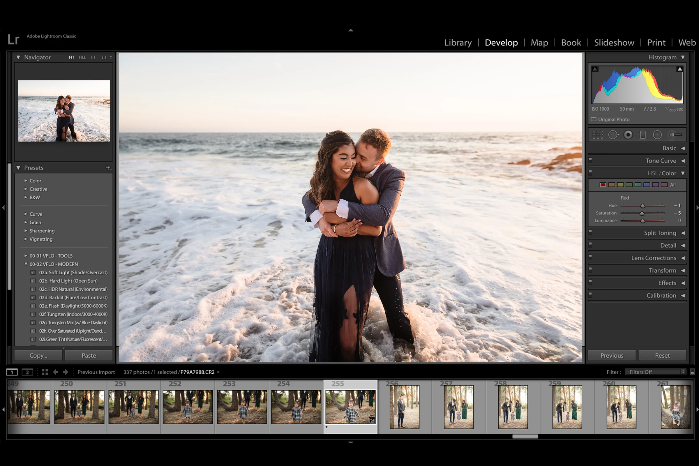 Adobe Lightroom interface showing photo editing and color adjustment controls.