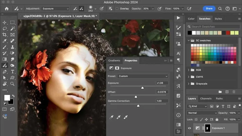 Adobe Photoshop interface showing photo editing with exposure adjustment tools.