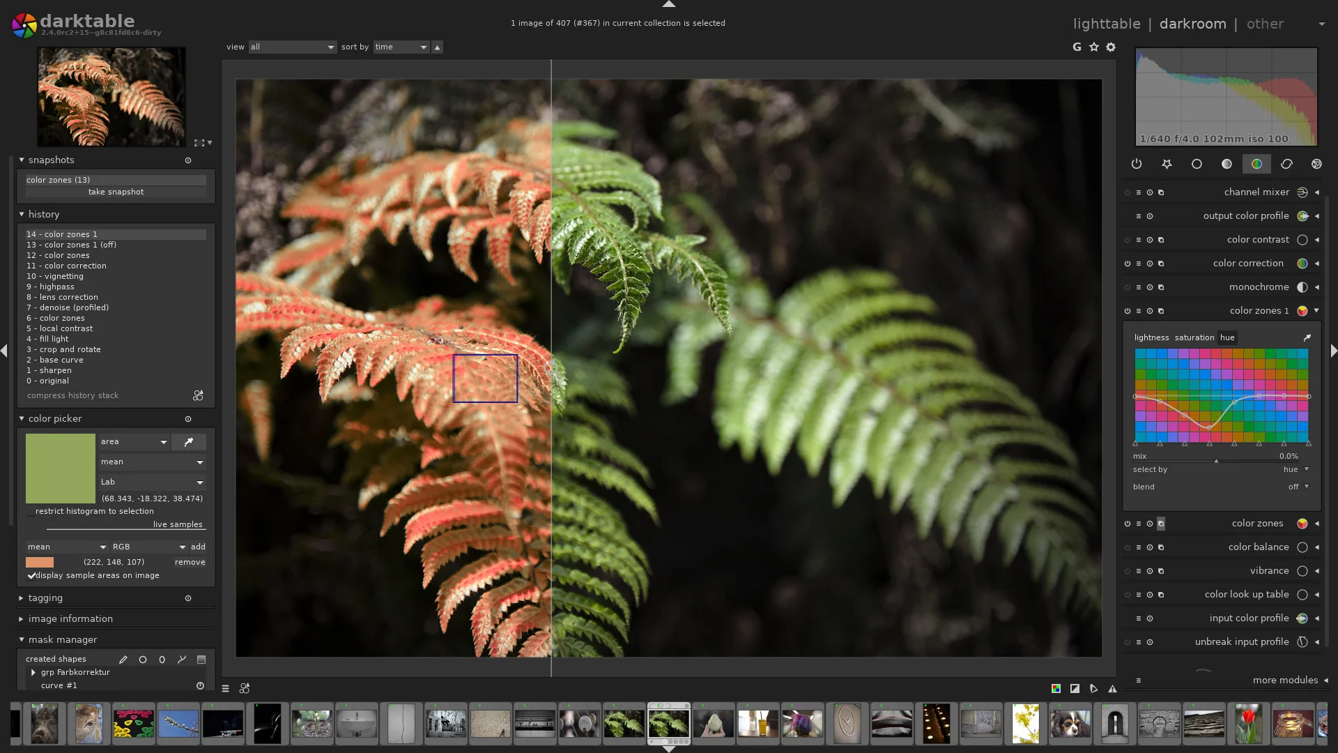 Darktable interface showing RAW photo editing and color adjustment tools.