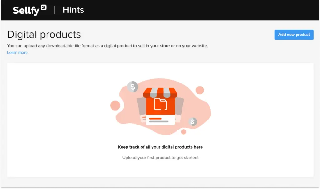 Digital products dashboard showing an online store product management page.