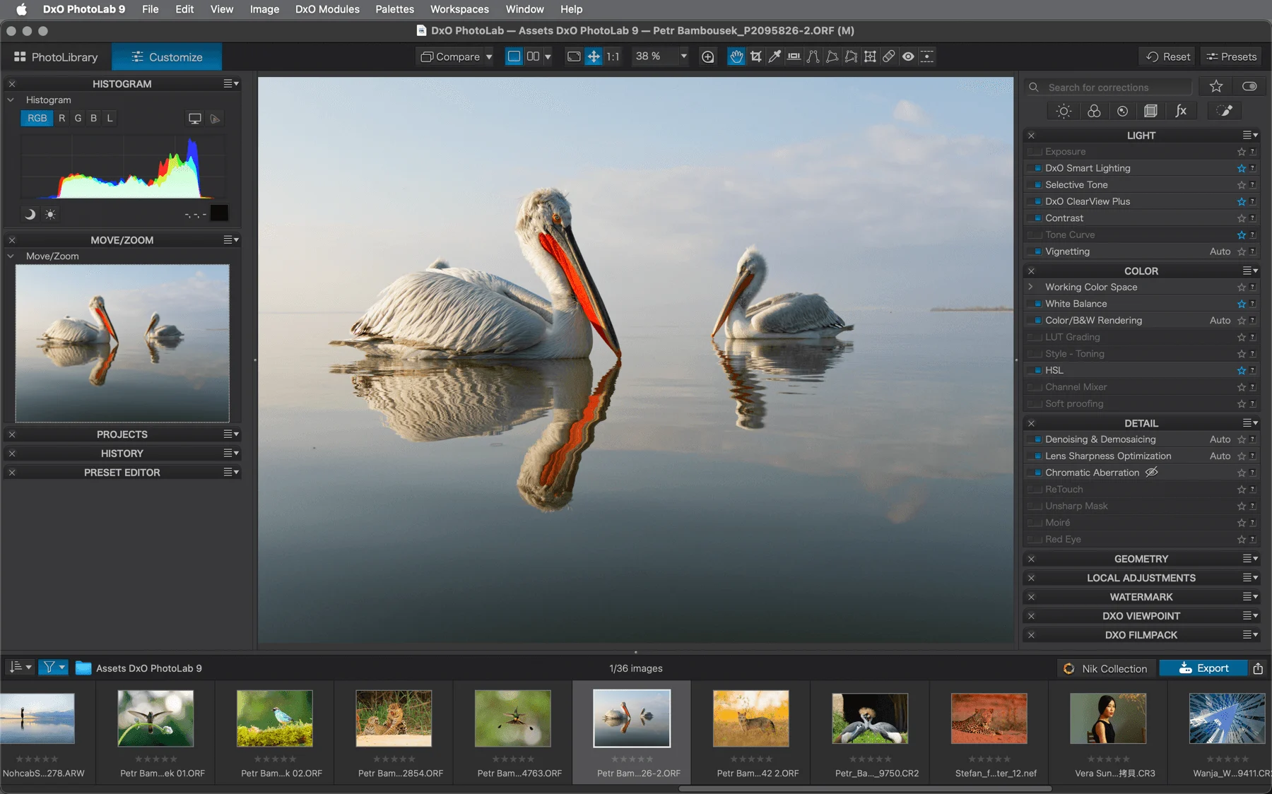 DxO PhotoLab interface showing RAW photo editing and image correction tools.