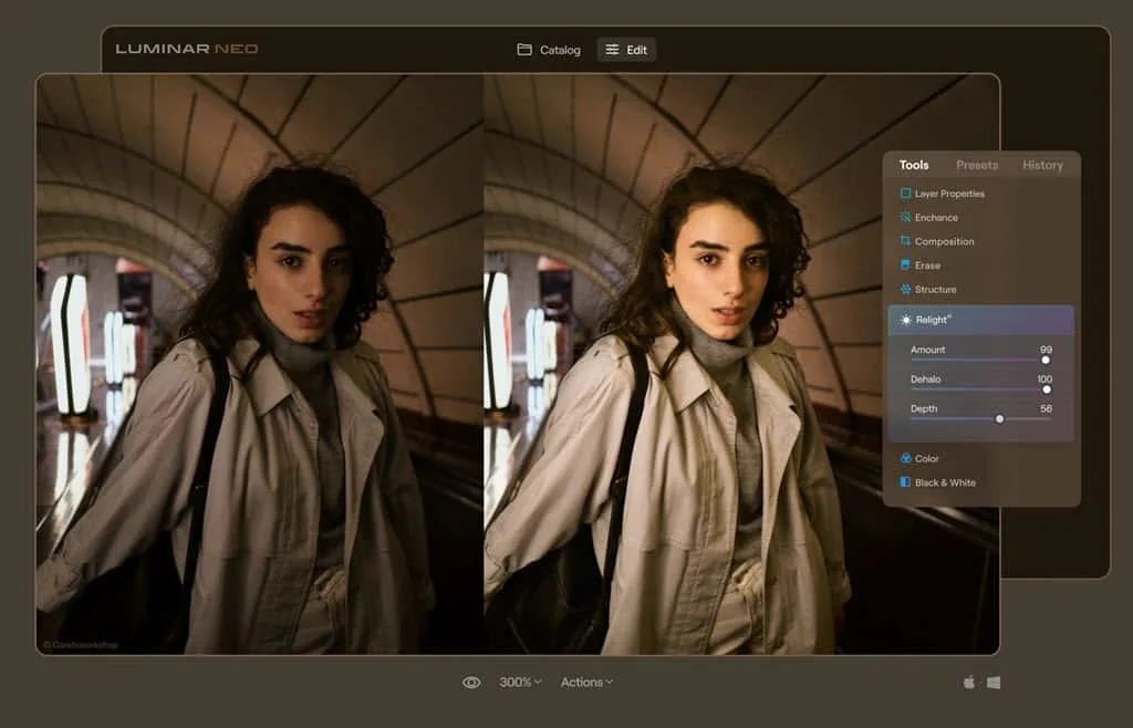 Luminar Neo interface showing AI photo enhancement and editing controls.