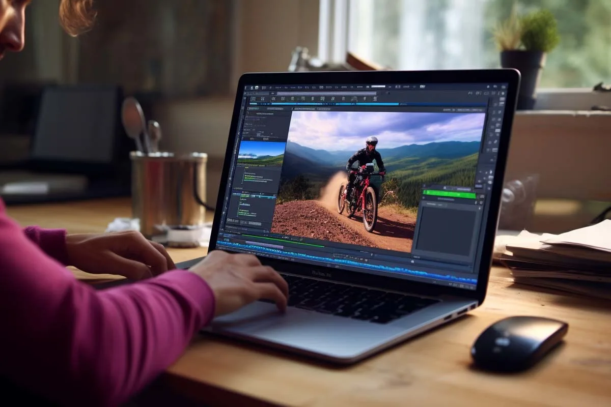 Person editing a video on a laptop with professional editing software.