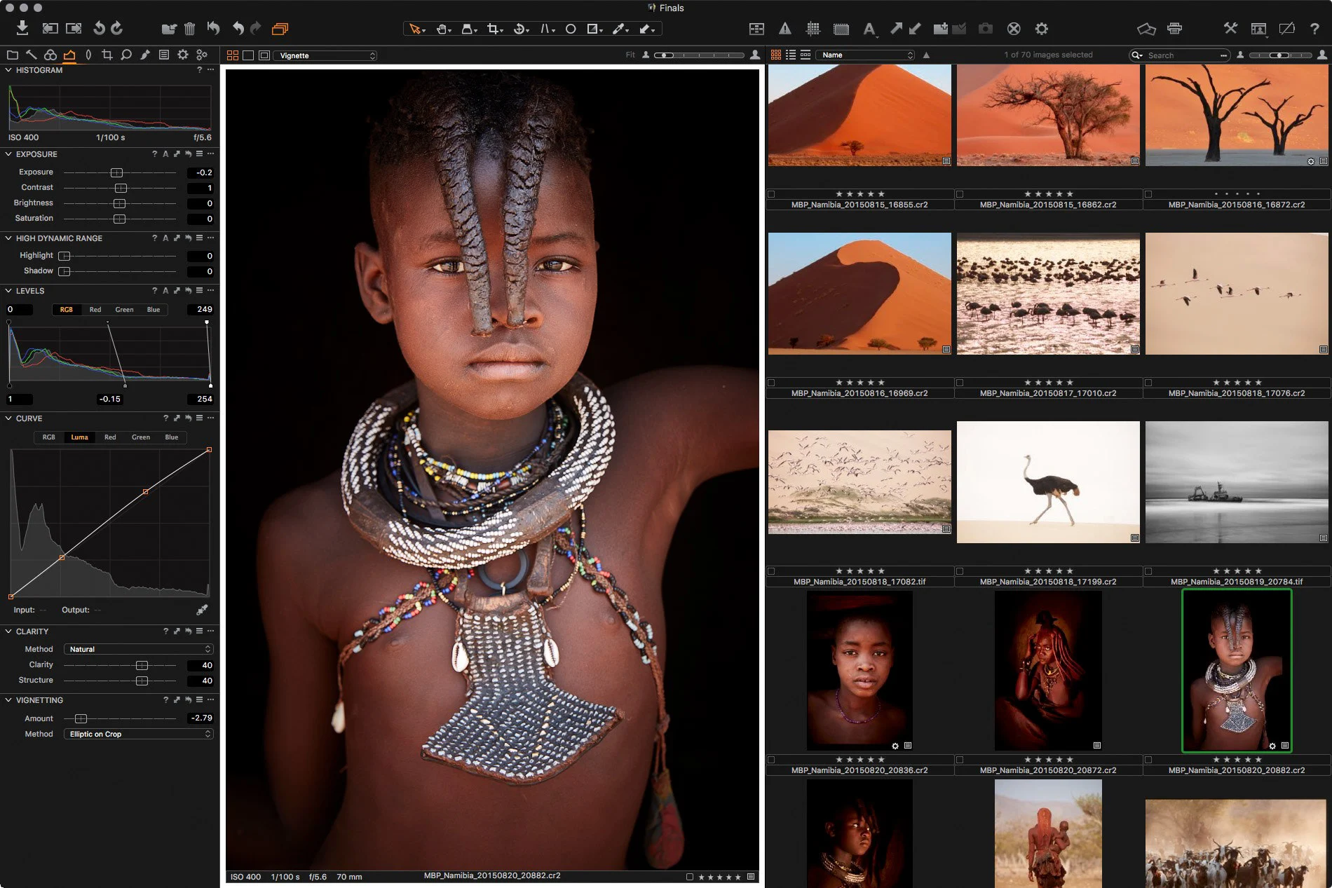 Photo editing software interface showing portrait retouching and image adjustment tools.