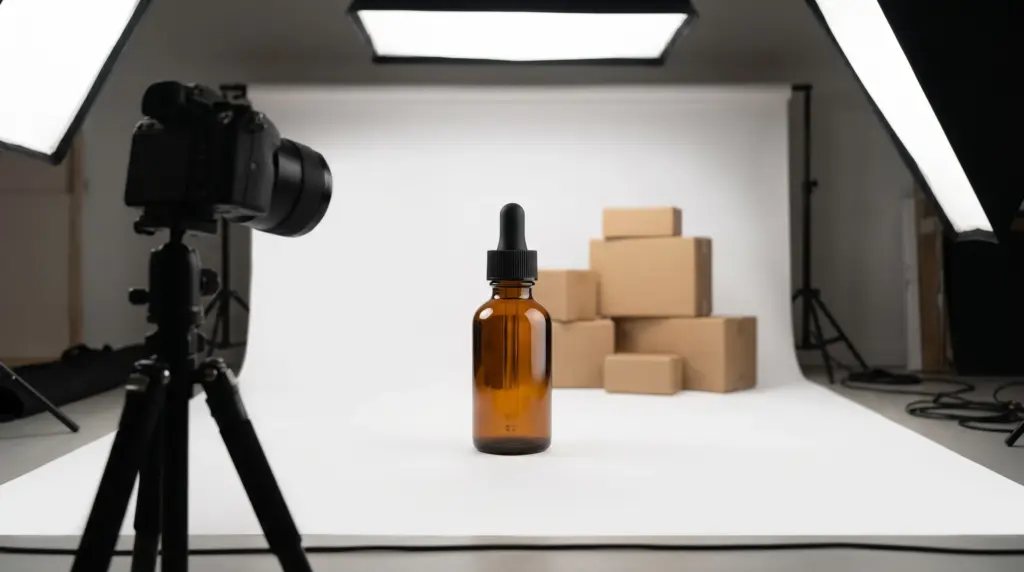 camera facing towards a bottle for product photography.