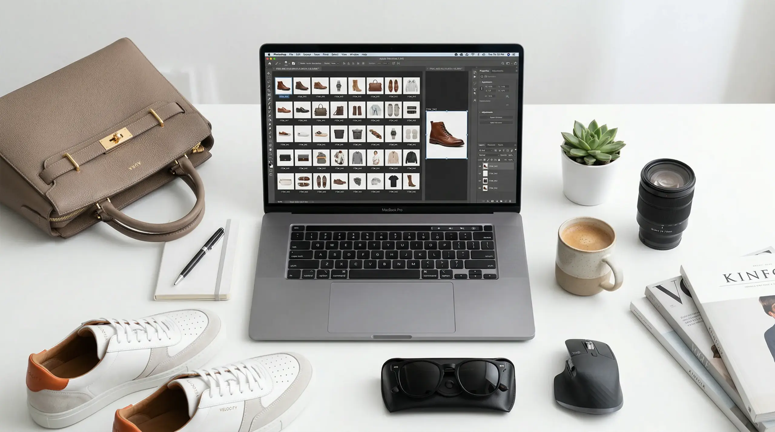 Product photography setup with camera, studio lights, and a bottle on a white backdrop.